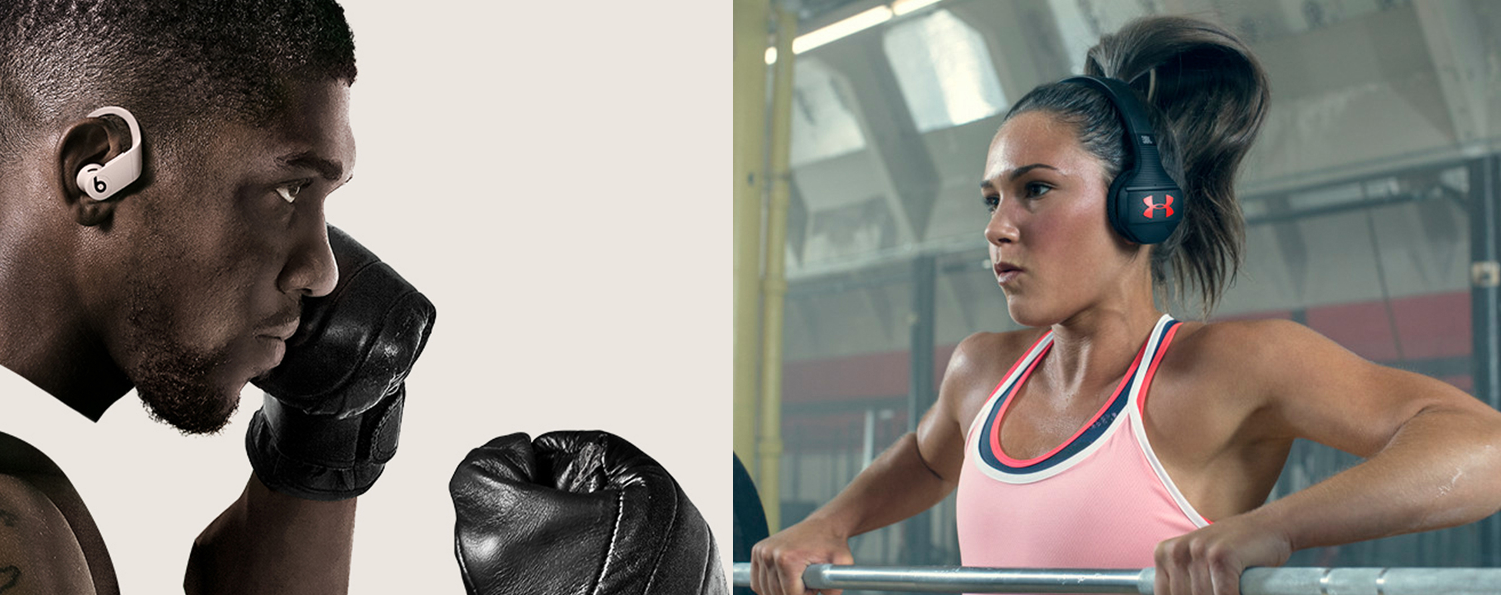On-ear-høretelefoner til træning giver fyldigere lyd, mens trådløse ørepropper giver mere bevægelsesfrihed Powerbeats Pro i øret på bokser og kvinde med JBL UA Sport Wireless Train-høretelefoner