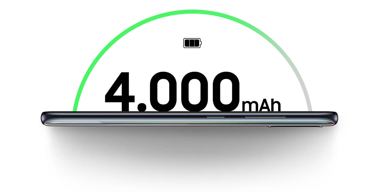 Et batteri, der holder hele dagen Galaxy A51 og illustration af batteriet på 4.000 mAh