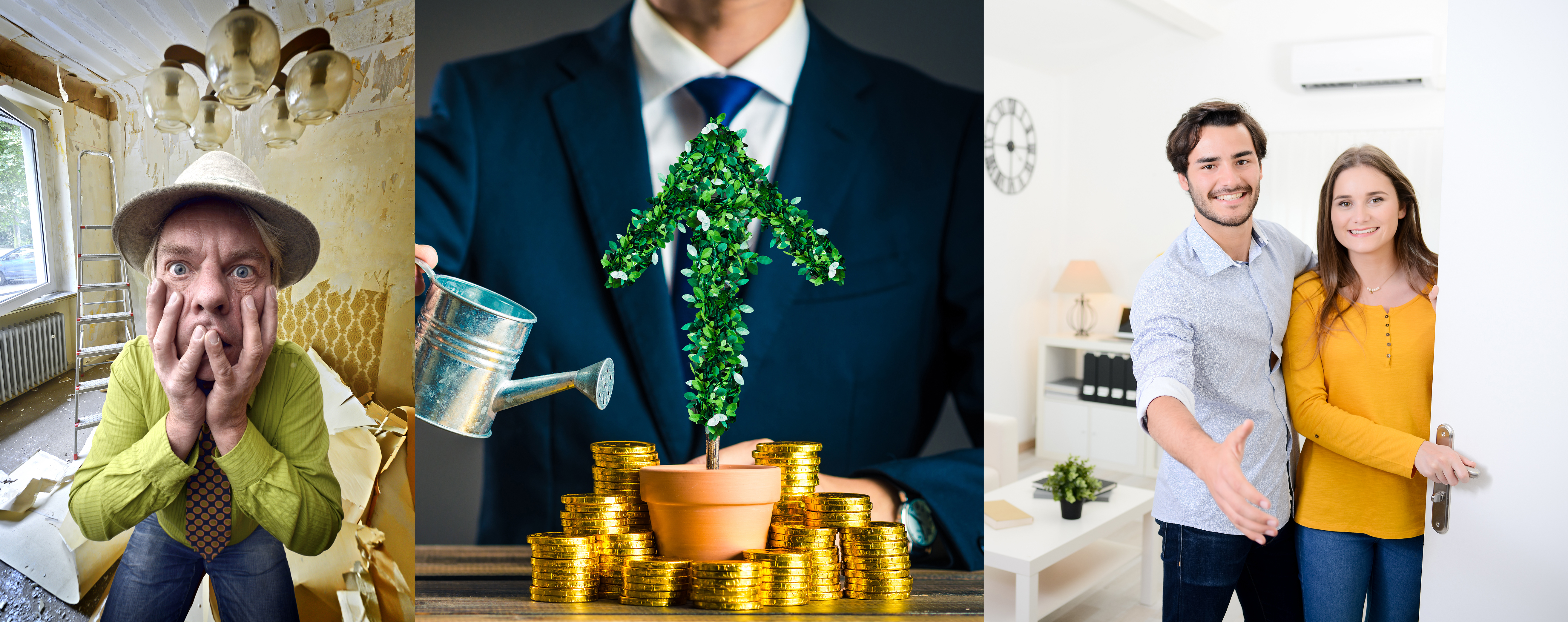 Sådan lejer du trygt og rentabelt boligen ud En Udlejer, et pengetræ og et par i en lejlighed