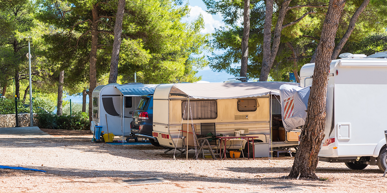 TV camping Flere campingvogne på et sted blandt træer