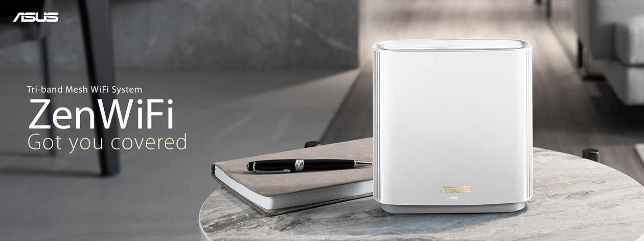 ASUS ZenWiFi dækker dine netværksbehov ASUS ZenWiFi som står på et bord med en notesbog og en pen