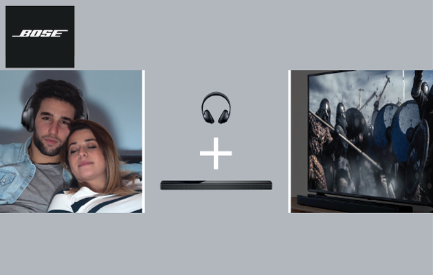 SimpleSync er en teknologi fra Bose, der gør dig I stand til at sammenkoble et produkt i Bose Home Speaker-serien med udvalgte SoundLink Bluetooth-højttalere eller Bose Headphones 700 Bose-hovedtelefoner og illustration med SimpleSync