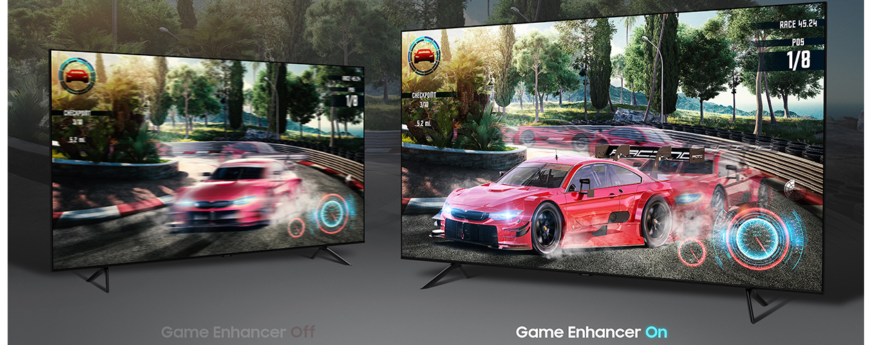 Game Enhancer fremhæver detaljer i lyse og mørke områder TV’et som viser forskellen på billedeskarphed med og uden Gaming enhancer-teknologi