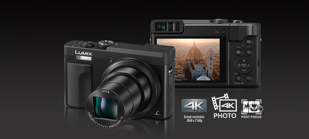 Panasonic LUMIX TZ90 2 sorte TZ90, det ene vises bagfra, det andet forfra med objektivet zoomet helt ud