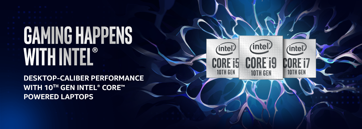 Gaming happens with Intel Intel Core i9, i7 og i5 emblem ved siden af hinanden
