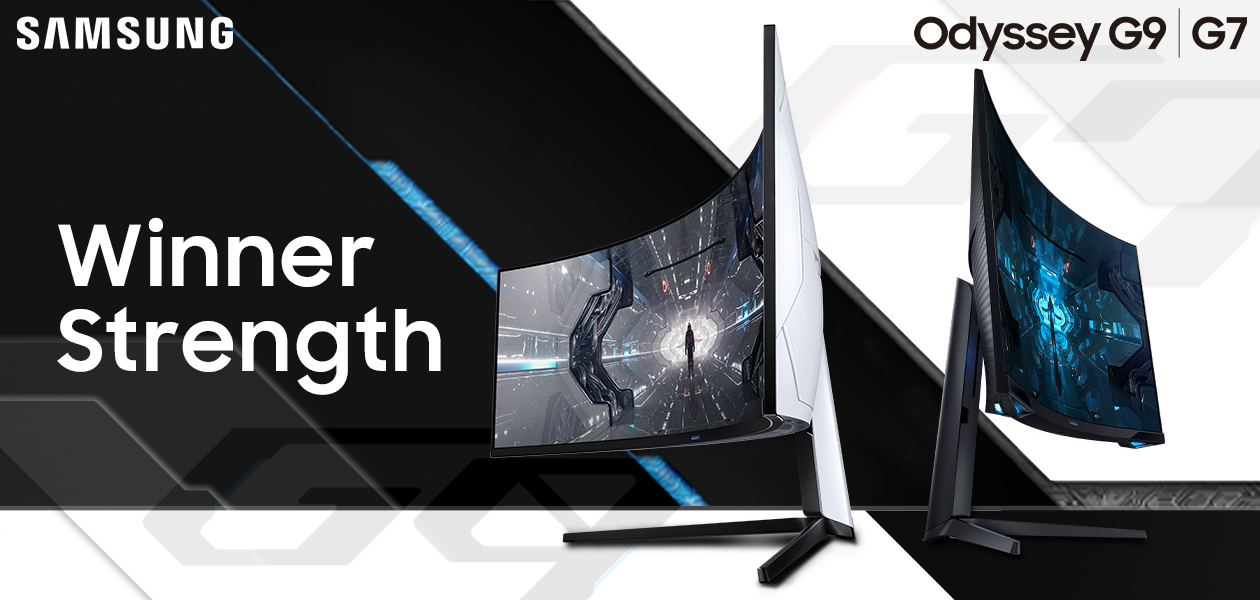 Samsung Odyssey G7 og G9 Samsung Odyssey G7 og G9 ved siden af hinanden med teksten Winner Strength som svæver