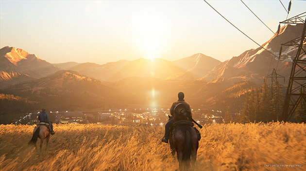 En smuk, men farlig verden Screenshot af to ryttere med idyllisk baggrund i The Last of Us Part II
