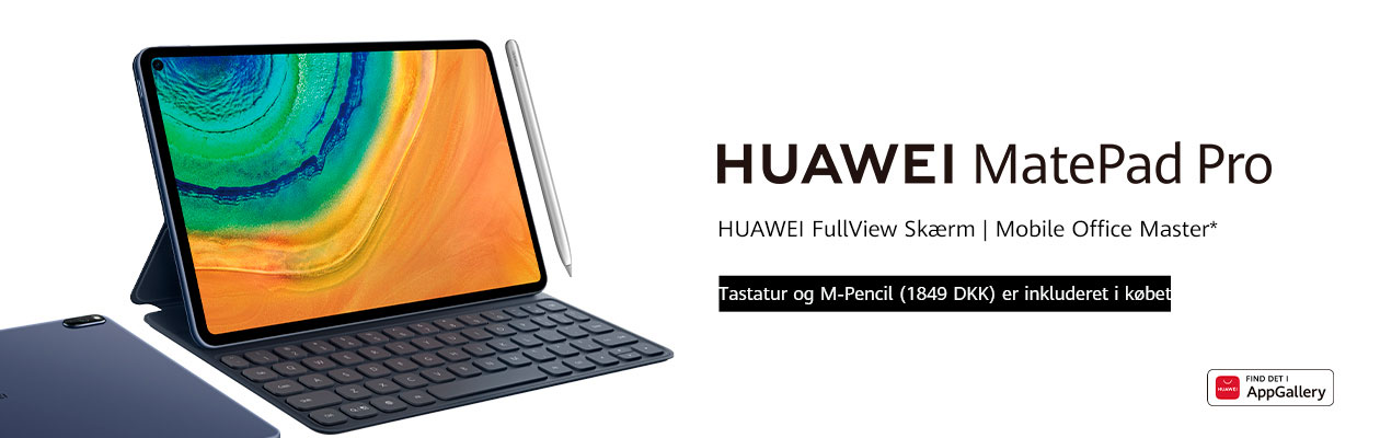 Køb Huawei MatePad Pro til og med 31 august 2020 og få tastatur og M-Pencil (værdi 1849 kr.) med i købet Huawei MatePad Pro, tastatur og M-Pencil
