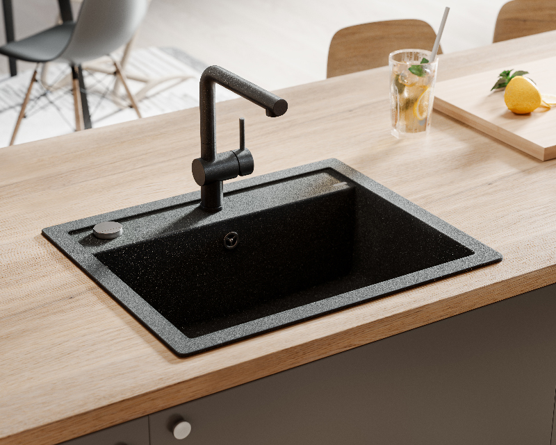 Epoq Trend Blue Grey kombinerer varme og skandinavisk minimalisme Epoq Trend Warm Grey køkkenø med vask og blandingsbatteri