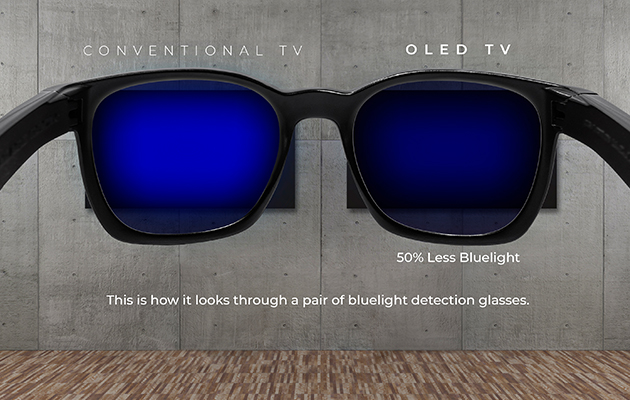 OLED-TV udsender 50 % mindre blåt lys Briller som viser forskellen på mængden av blåt lys på OLED og LED-TV