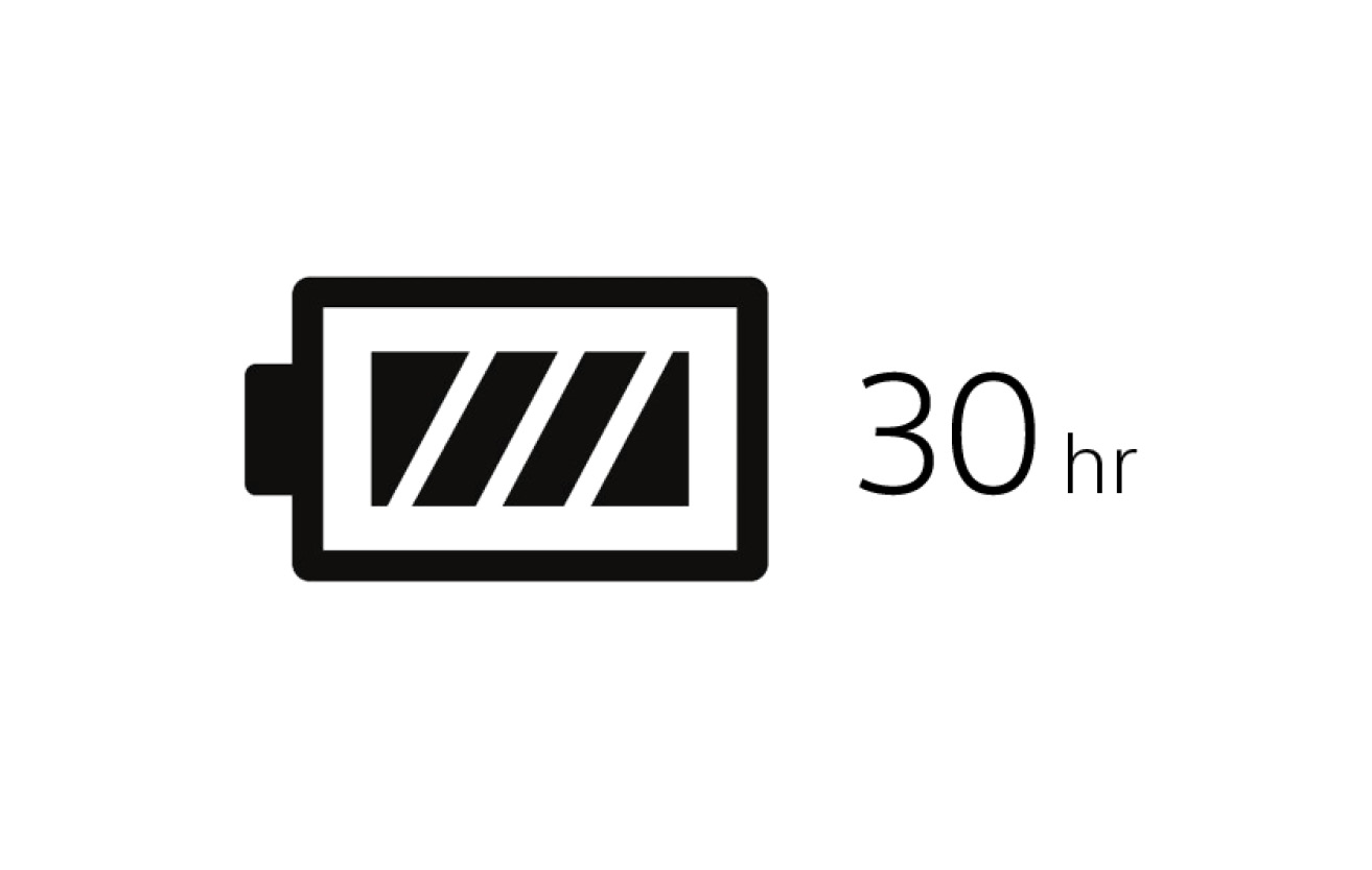 Med en fantastisk batterilevetid på 30 timer får du strøm nok til selv lange ture ud i det blå Batteri-symbol mærket med 30 timer
