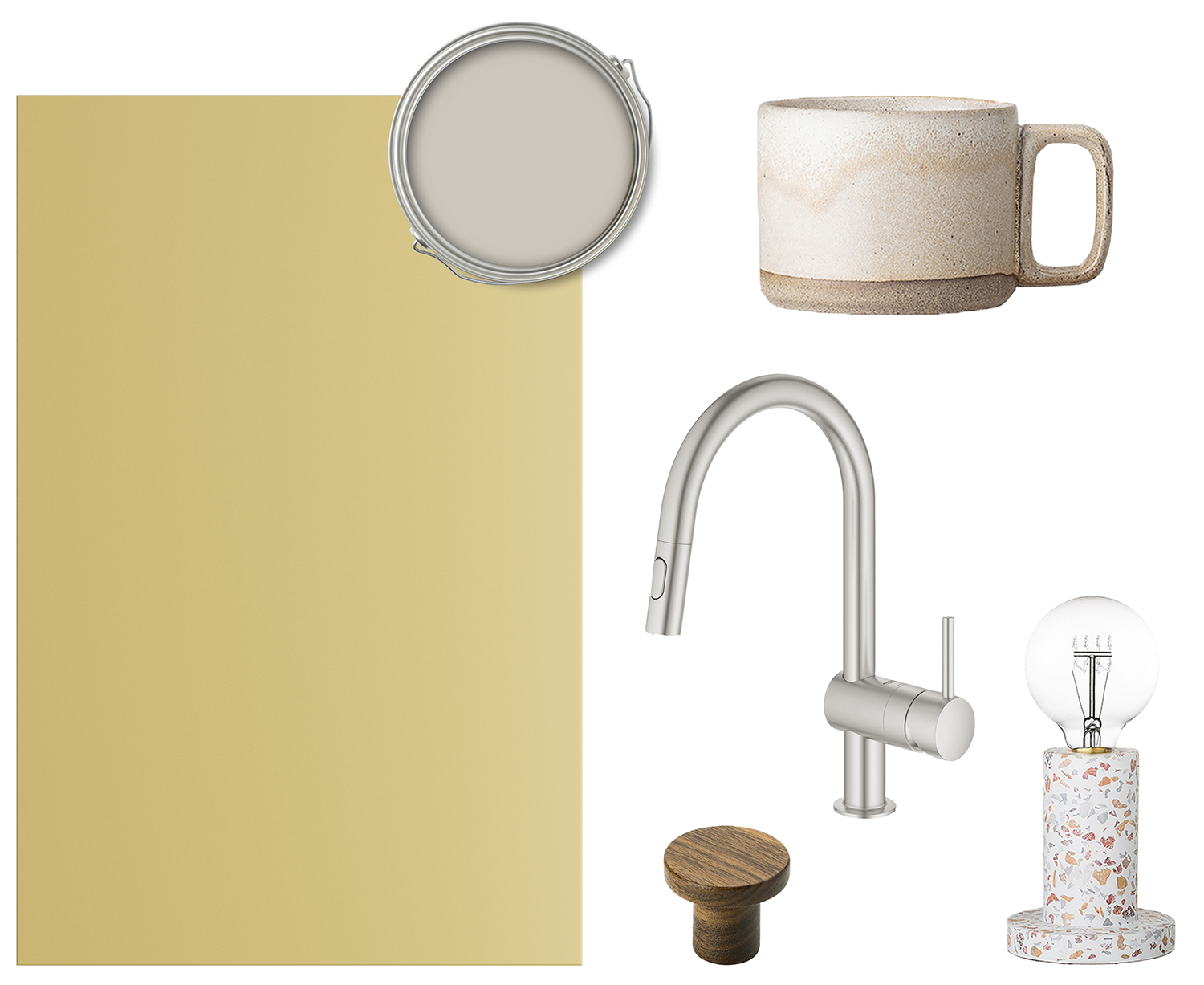 Trend Mellow er en modig og blød gul farve En collage med en Trend-front i farven Mellow, et blandingsbatteri, en lampe, et krus og et køkkengreb