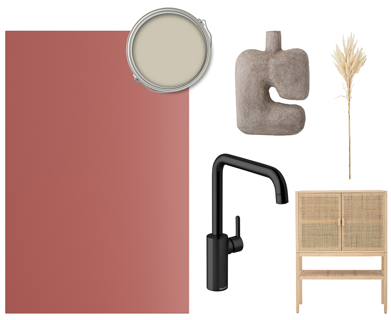 Trend Red Coral er en varm rød farve En collage med en Trend-front i farven Red Coral, et blandingsbatteri, vase, pampasgræs og et skab