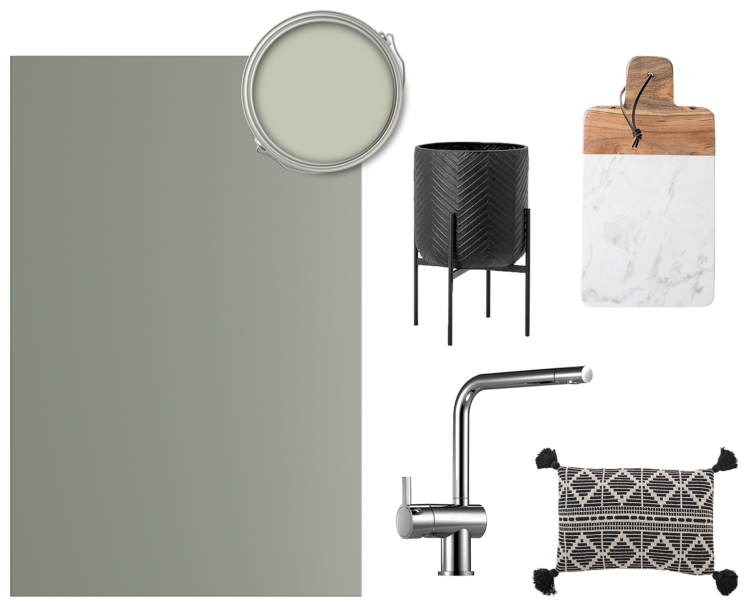 Støvgrønne Trend Sage skaber en behagelig og rolig atmosfære En collage med en Trend-front i farven Sage, et blandingsbatteri tap, en utepotteskjuler, et skærebræt og en pude