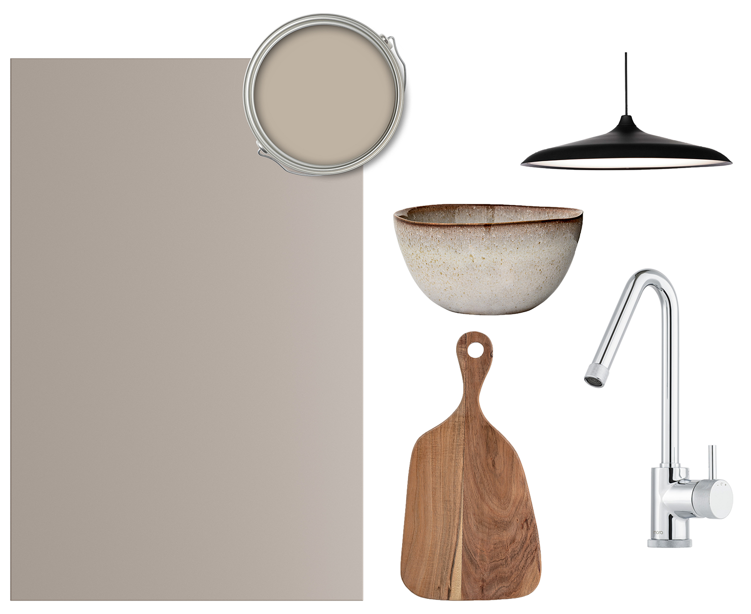 Trend Sand har en behagelig, mørk beige farve, der med elegance udtrykker enkelthed En collage med en Trend-front i farven Sand, et blandingsbatteri, en lampe, skål og skærebræt fra Bloomingville