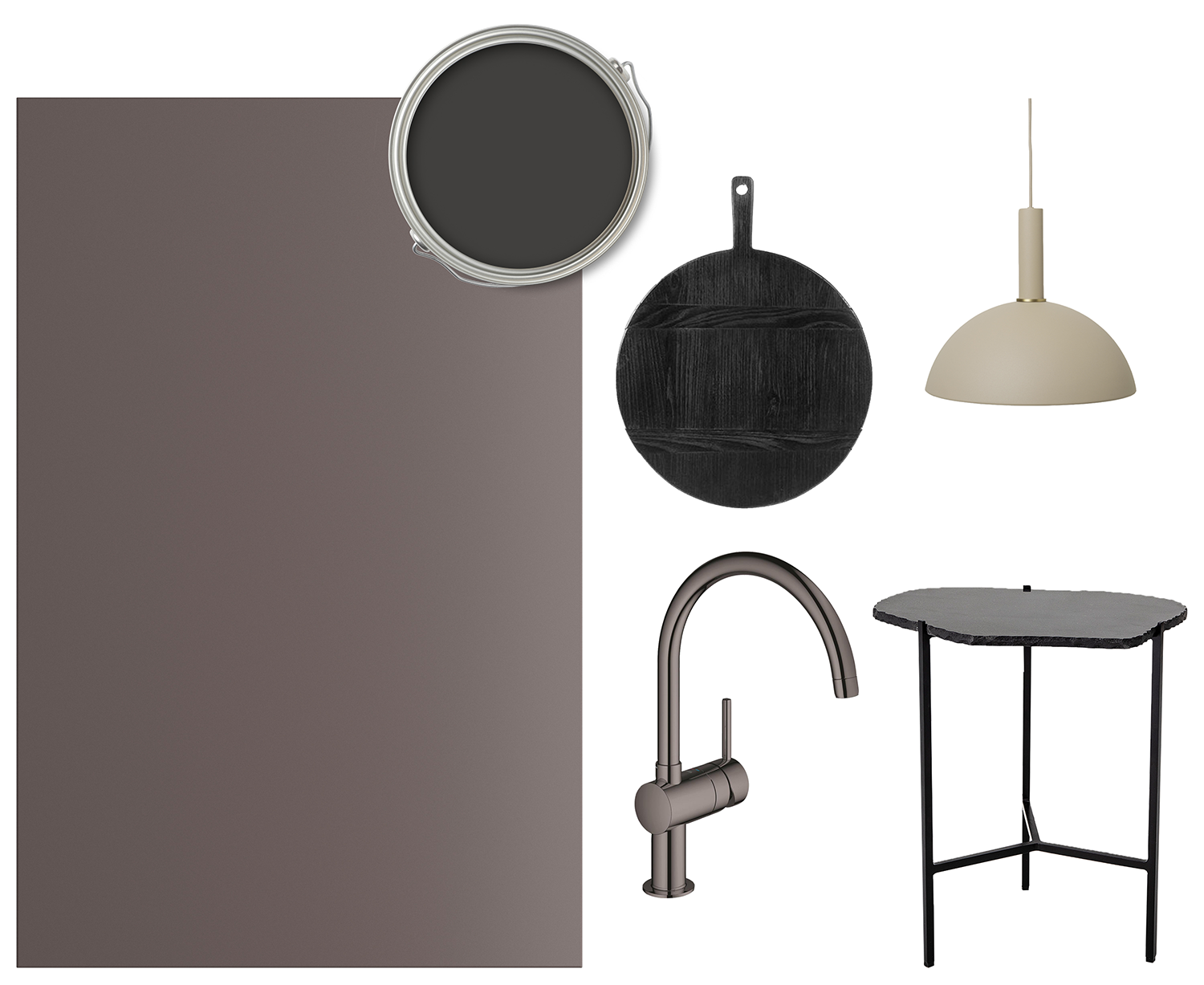Trend Umber is a deep, dark brown colour En collage med en Trend-front i farven Umber, et blandingsbatteri, en lampe, et skærebræt og et bord