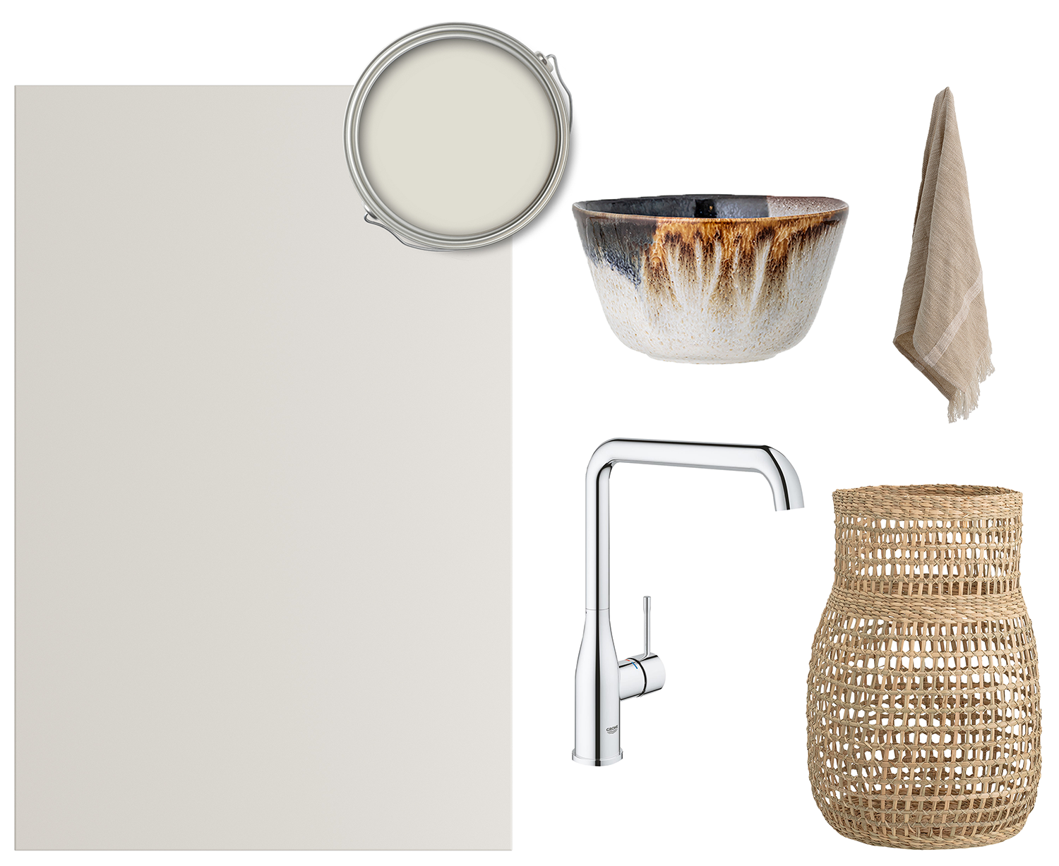 Trend Warm White et lyst og lækkert udtryk En collage med en Trend-front i farven Warm White et blandingsbatteri, en kurv, et håndklæde og en keramisk skål