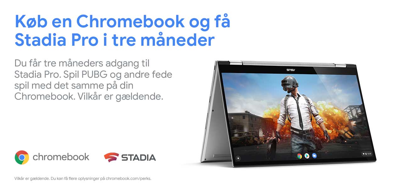 Få 3 måneder gratis brug af Stadia Pro Chromebook og kampagnetekst