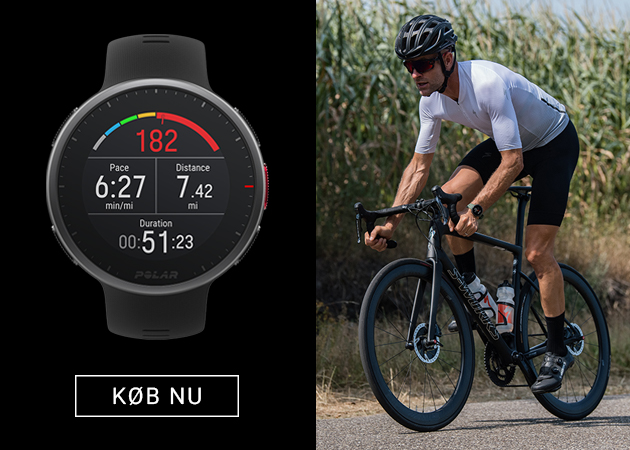 Slank på ydersiden, smart på indersiden. Polar Vantage V2 er alt, hvad du har behov for i et multisportsur! Polar Vantage V2 på armen af mand, der cykler