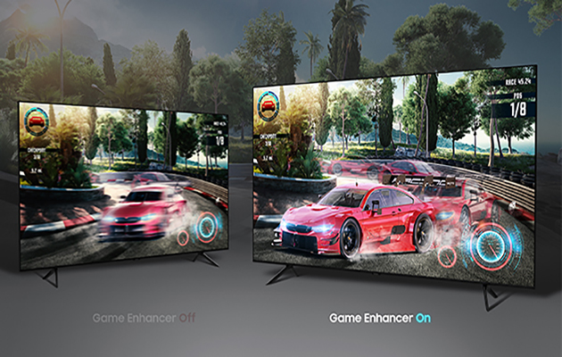 Game Enhancer fremhæver detaljer i lyse og mørke områder TV’et som viser forskellen på billedeskarphed med og uden Gaming enhancer-teknologi