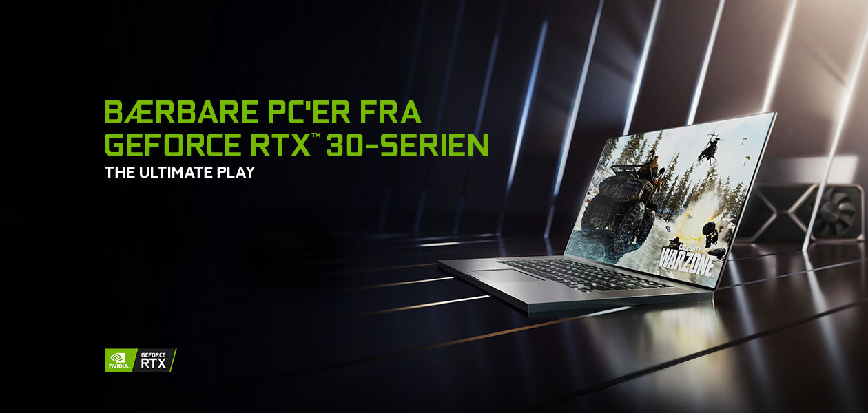 The Ultimate Play Stor grøn text med bærbare computer i GeForce RTX 30-serien