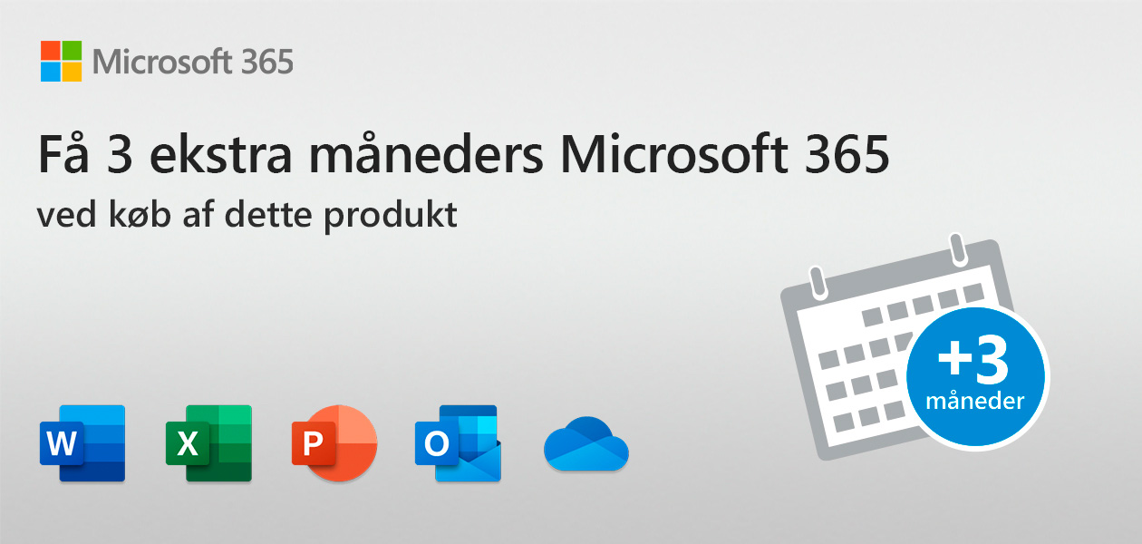 Få 3 ekstra måneders Microsoft 365 Banner med Microsoft 365 logoer og teksten “Få 3 ekstra måneders Microsoft 365