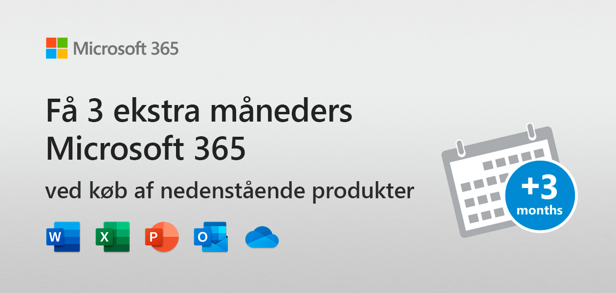 HP Få 3 ekstra måneders Microsoft 365 Banner med Microsoft 365 logoer og teksten “Få 3 ekstra måneders Microsoft 365