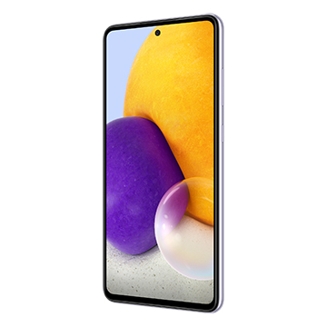 Oplev en sAMOLED Infinity-O-skærm på 6,7 tommer med en opdateringsfrekvens på 90 Hz Samsung Galaxy A72 set lidt skråt forfra
