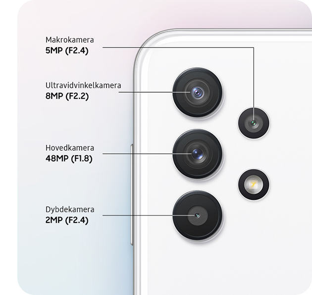 Avanceret firedobbelt kamera giver avancerede fotografiske muligheder Galaxy A32 5G med kameraspecifikationer