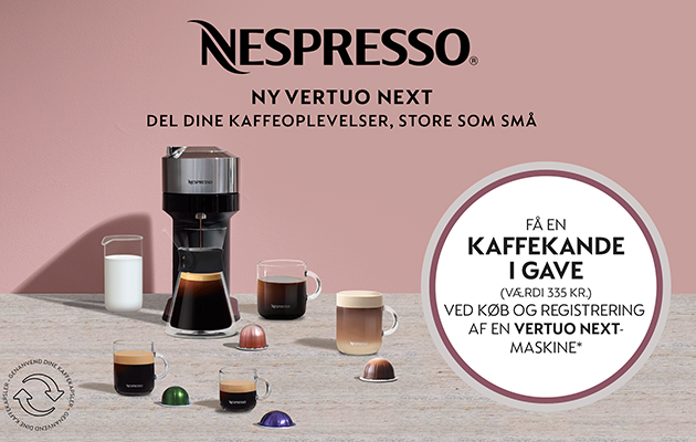 Nespresso Vertuo Next kampagne Nespresso kaffemaskine, fire kopper med med forskellige kaffetyper og kapsler og en mælkekande