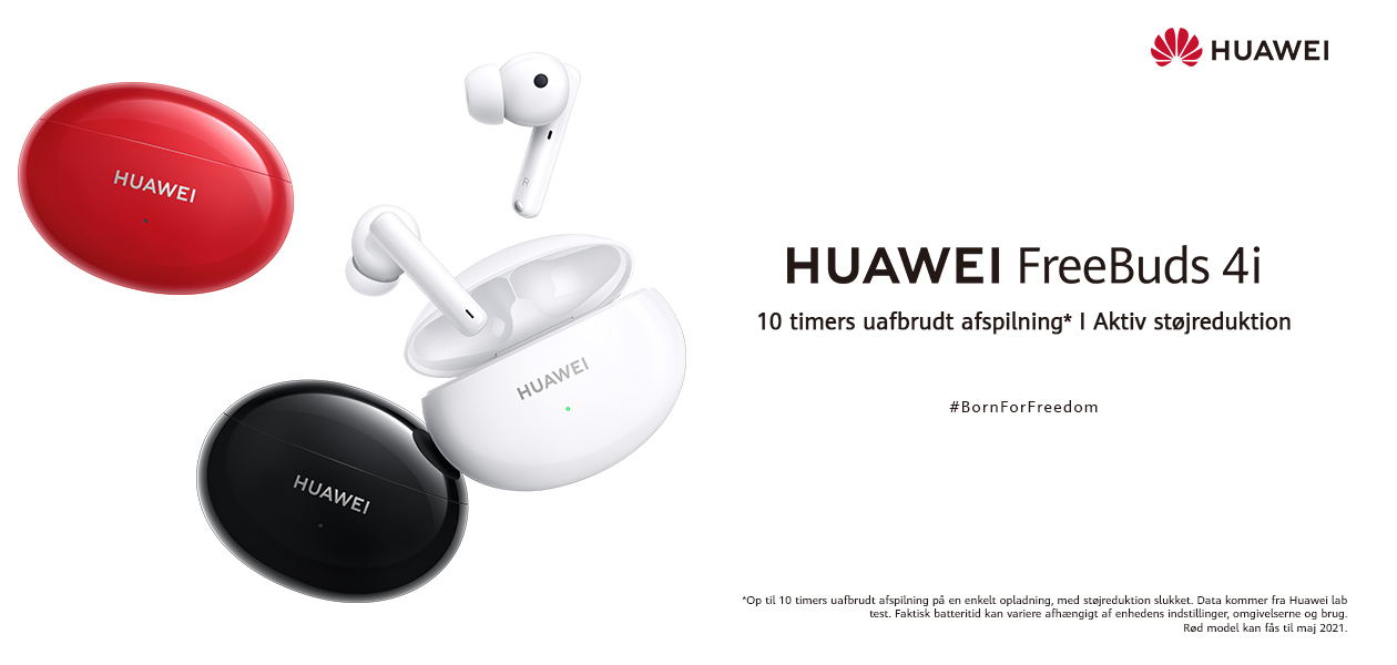 Huawei Freebuds 4i har aktiv støjdæmpning Huawei Freebuds 4i med opladeetuier i tre forskellige farger