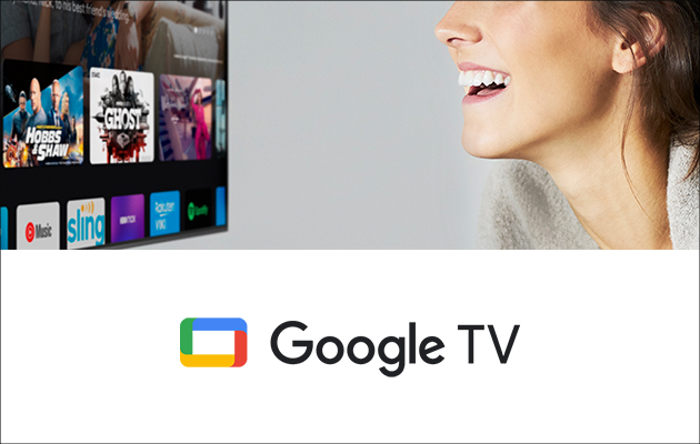 Styr 4K-TV’et med stemmen Dele af skærm og kvinde med Google TV-logo under