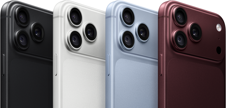 iPhone 18 Pro-enheder på række vist bagfra i alle fire farver: bordeaux, gletsjerblå, sølv og sort, Pro Fusion-kamerasystem i øverste venstre hjørne, tre objektiver, mikrofon, blitz
