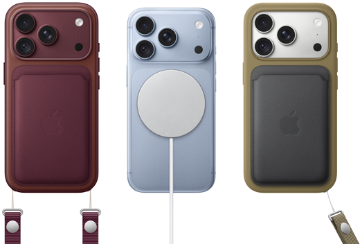 iPhone 18 Pro i bordeaux vist bagfra med FineWoven-kortholder med MagSafe i bordeaux, iPhone 18 Pro i gletsjerblå vist bagfra med MagSafe-batteri og iPhone 18 Pro i farven sølv vist bagfra med silikone-etui i grøn og MagSafe-oplader