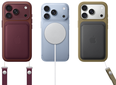 iPhone 18 Pro i bordeaux vist bagfra med FineWoven-kortholder med MagSafe i bordeaux, iPhone 18 Pro i gletsjerblå vist bagfra med MagSafe-batteri og iPhone 18 Pro i farven sølv vist bagfra med silikone-etui i grøn og MagSafe-oplader