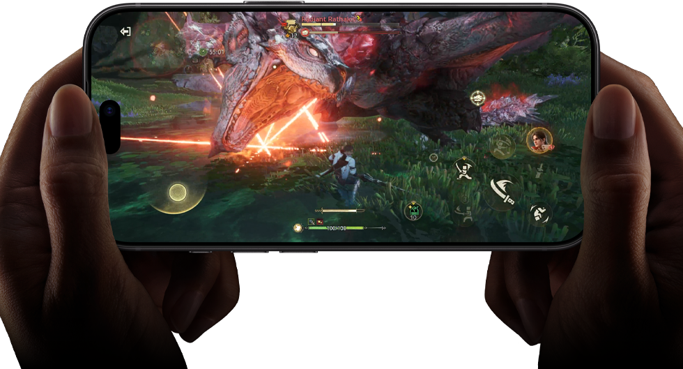 iPhone 18 Pro vist forfra demonstrerer A20 Pro-chippens ydeevne med en scene fra Monster Hunter Outlanders
