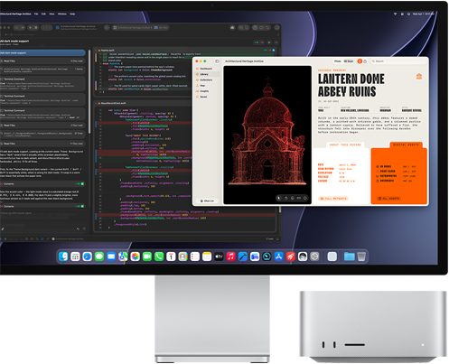 Studio Display XDR-skærm, der viser et dokument, som behandles i Claude Agent i XCode, samt Mac Studio vist forfra