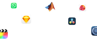 Forskellige appsymboler er arrangeret rundt om teksten: Lad dine professionelle apps flyve