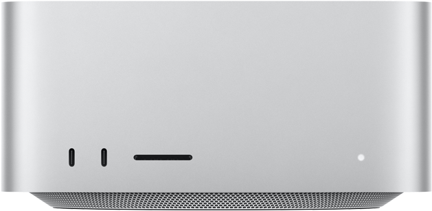 Mac Studio i farven sølv vist forfra, to USB-C-porte, SDXC-kortplads, statusindikatorlys, konisk bund, plan overside, afrundede sider, lige kanter