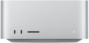Mac Studio i farven sølv vist forfra, to USB-C-porte, SDXC-kortplads, statusindikatorlys, konisk bund, plan overside, afrundede sider, lige kanter