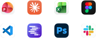 Appsymboler for Microsoft PowerPoint, Claude af Anthropic, Microsoft Excel, Figma, Visual Studio Code, LM Studio, Adobe Photoshop og Slack