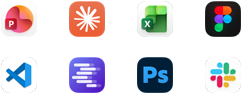 Appsymboler for Microsoft PowerPoint, Claude af Anthropic, Microsoft Excel, Figma, Visual Studio Code, LM Studio, Adobe Photoshop og Slack