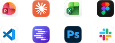 Appsymboler for Microsoft PowerPoint, Claude af Anthropic, Microsoft Excel, Figma, Visual Studio Code, LM Studio, Adobe Photoshop og Slack