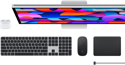 AirPods, Studio Display, Magic Keyboard, Magic Mouse, Magic Trackpad og MagSafe-opladerkabel
