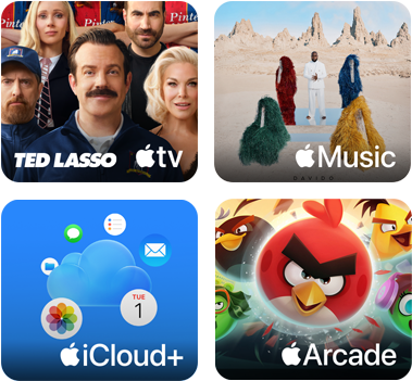 Fire felter, Apple TV-feltet viser figurer fra serien Ted Lasso, Apple Music-feltet viser coverbilledet til Davidos album 5ive, iCloud Plus-feltet viser en sky omgivet af appsymboler for Fotos, Kalender, Mail, Påmindelser, Beskeder og Arkiver, Apple Arcade-feltet viser figurer fra spillet Angry Birds
