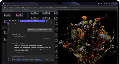 MacBook Pro i farven space black med PROLED XDR-skærm, skærmen viser et billede blive skabt ved hjælp af TouchDesigner og LM Studio