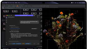 MacBook Pro i farven space black med PROLED XDR-skærm, skærmen viser et billede blive skabt ved hjælp af TouchDesigner og LM Studio