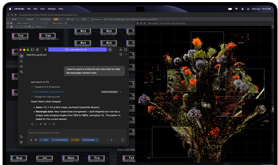 MacBook Pro i farven space black med PROLED XDR-skærm, skærmen viser et billede blive skabt ved hjælp af TouchDesigner og LM Studio