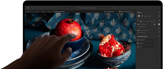 MacBook Pro med PROLED XDR-skærm, der viser et stillbillede af granatæbler, blå keramik og tekstiler, en hånd rækker ud mod skærmen for at interagere med billedet