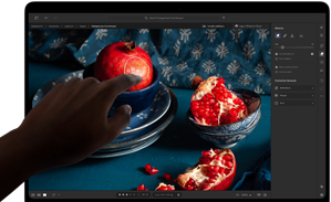 MacBook Pro med PROLED XDR-skærm, der viser et stillbillede af granatæbler, blå keramik og tekstiler, en hånd rækker ud mod skærmen for at interagere med billedet